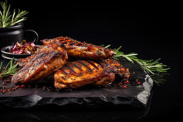 Wall Mural - Grilled chicken wings on a black plate with red hot peppers and cherry tomatoes on a black background. Image for Cafe and Restaurant Menus