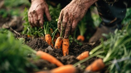 Wall Mural - A person is pulling carrots out of the dirt.