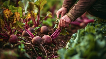 Wall Mural - A man pulls beets out of the ground close-up of his hands.