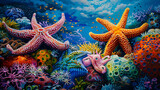 Fototapeta  - Colorful sea stars resting on a vibrant coral