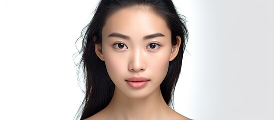 Poster - Elegant Asian Woman with Beautiful Long Black Hair on White Background