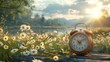 Alarm Clock on Wood Table with Wildflower Blooms and Pastoral Lake and Sunrise or Sunset Background over Mountain Range