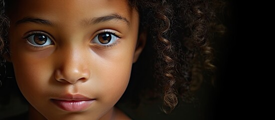 Sticker - Innocent Hispanic Girl with Curly Hair and Blue Eyes Captivating the Viewer with a Close-up Gaze