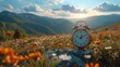 Alarm Clock among Flowers with Mountain Range