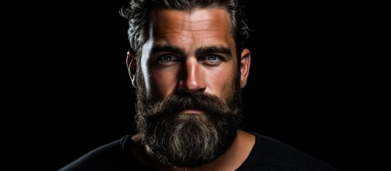 Canvas Print - Intense and Mysterious: Portrait of a Bearded Man in a Black Shirt Against a Dark Background