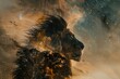A lion's profile blended with the texture of a starry night sky in a double exposure 