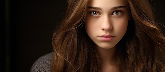 Poster - Captivating Close-Up of Teenage Girl with Long Brown Hair in Stylish Attire