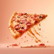© Op Creator - Close up shot of a slice of fresh classic Pizza with tasty stretchy cheese isolated on an attractive studio background.  Generative AI