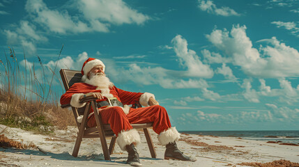 santa sitting on a chair at the beach, funny christmas wallpaper. Generative AI