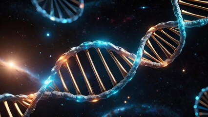 Wall Mural - DNA double helix structure, genetic code on blurred space galaxy background.Evolution,gene sequencing science concept.Generative AI.