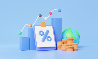 Clipboard percentage stack coins economics earth growth statistics analytics graph higher stock market trading investment exchange, Finance business economics concept. price action. 3d render