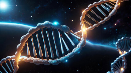 Wall Mural - DNA double helix structure, genetic code on blurred space galaxy background.Evolution,gene sequencing science concept.Generative AI.