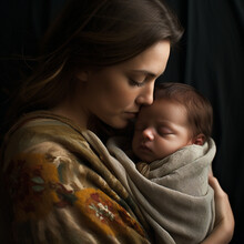 A Young Mother Kisses And Nuzzles Her Newborn Baby Boy Who Is Deep Asleep And Swaddled, Dreaming Peacefully In Her Arms