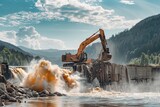 Fototapeta  - Dams Dismantling, Repair of Dam, Destroyed Dam on a River in Forest