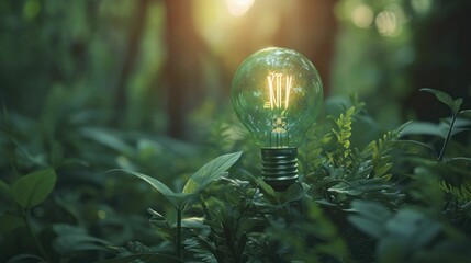 Poster - A green light bulb glowing amidst shadows, illustrating sustainable innovation in a minimalist setting with a blurred environmental backdrop.