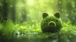 A minimalist depiction of a green savings piggy bank showcasing the financial advantages of sustainable business practices, set against a blurred economic backdrop.