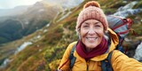 Fototapeta  - elderly traveler selfie in the mountains Generative AI