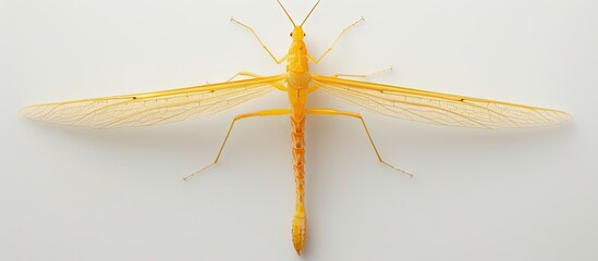 Wall Mural - A detailed view of a yellow stick insect isolated against a white background. The insect appears to be still, showcasing its vibrant yellow color and slender body.