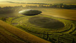 UFO hovering over rural landscape with crop circles in golden hour light - areal view from above