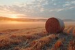 A single hay bale sits on a misty field with the sun rising in the distant horizon