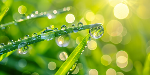 Wall Mural - Large water drops of dew with reflecting sun