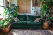 Green velvet sofa in a living room with indoor plants and bohemian rug