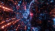 Futuristic AI brain interface, quantum circuits glowing, blockchain data streams, in immersive AR and VR environments