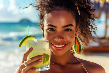 Black Woman Enjoying a Caipirinha Drink on a Sunny Beach