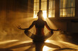 Silhouette of a woman doing Yoga in the morning with sun shining through the window