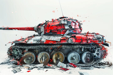 Dynamic watercolor image of a military tank made from newspaper clippings.