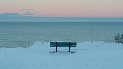 Sticker - a bench sitting on top of a snow covered slope next to a body of water with a pink sky in the background.