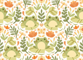 Wall Mural - vector seamless pattern with cute frogs and botanical elements. hand drawn illustration with cartoon