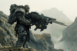 A lone orc armored in an advanced exoskeleton holding a high tech heavy machine gun standing atop a hill as magic and machinery collide around him