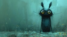  A Painting Of A Black Creature With Big Eyes And A Creepy Look On Its Face, Standing In The Middle Of A Swampy Area With Grass And Yellow Flowers In The Foreground.