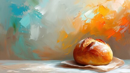 Poster - a painting of a loaf of bread sitting on a piece of paper on top of a piece of parchment paper.