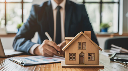 Real estate agent with house model in office