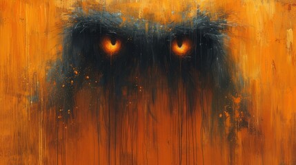  a painting of two eyes in the middle of an orange and black painting of a dog's head with yellow eyes and black fur on the bottom of the painting.