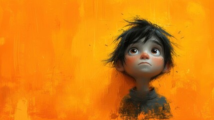 Wall Mural -  a painting of a child with a sad look on it's face, standing against a yellow wall with a black hairdoodle on it's head.