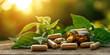 © Александр Марченко - Herbal supplements in capsules spill from a brown glass bottle onto a wooden surface amidst fresh green leaves in the sunlight.