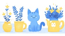 A Blue Cat Sitting Next To Two Yellow Mugs With Plants In Them And A Potted Plant In The Middle.