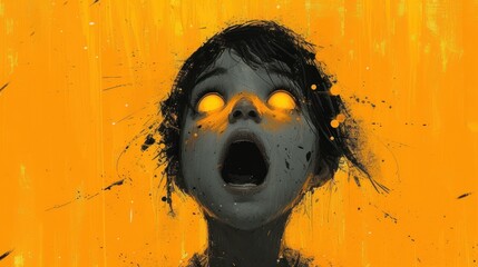 Wall Mural -  a painting of a woman with her mouth open and eyes open with yellow light coming out of the upper half of her face and the upper half of her face.
