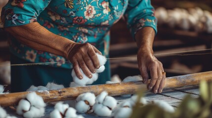 Closeup old man working with freshly harvested cotton wool