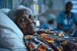 An elderly health care client in a nursing home. Background with selective focus and copy space