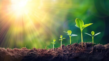 Poster - a group of plants sprouting out of the ground with the sun shining through the sky in the background.