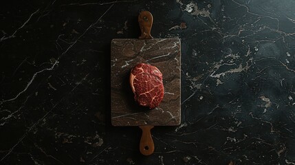 Wall Mural - a piece of meat sitting on top of a cutting board on top of a black marble counter next to a knife.