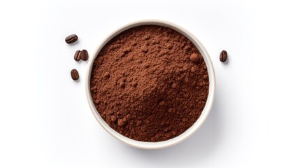 Wall Mural - Bowl of ground coffee and beans isolated on white background, top view