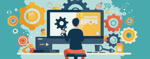 computer technician repairing computer screen with gear and wrench concept flat illustration