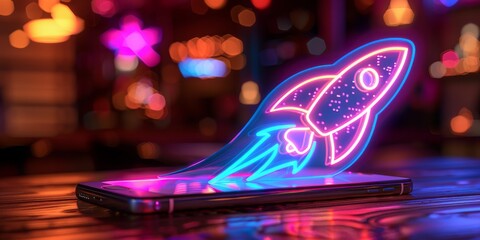 Leinwandbilder - A Neon Rocket Hologram Emerges from a Smartphone on a City Night, Generative AI