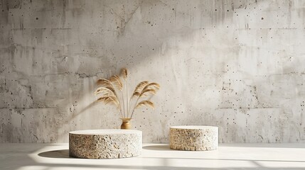 Leinwandbilder - Sculpted stone pedestal for packaging presentation and cosmetics, Product display with shade on white concrete wall, stone texture, Natural beauty pedestal in sunlight. Attractive rendering. 3D