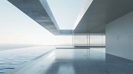 Leinwandbilder - An abstract futuristic glass architecture with an empty concrete floor is rendered in 3D.